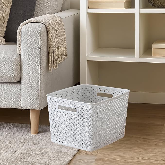 Simplify Large Resin Wicker Tote | Storage Bin | Plastic Organizer | Carrying Handles | Bathroom | Pantry | Accessories | Toys | White