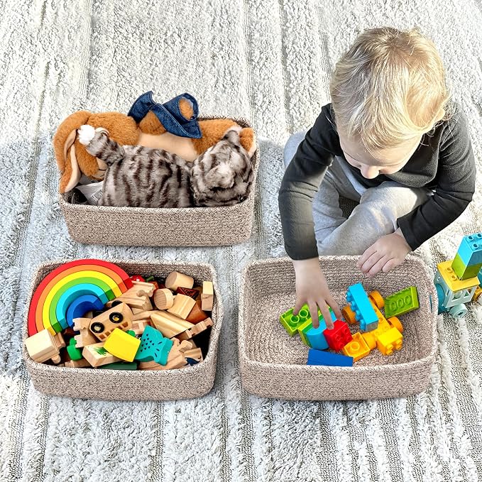 Goodpick 3Pack Rope Storage Baskets for Shelves Organizing, 11 x 7 x 4.5 in | Woven Baskets for Closet Fit Bedroom Lving Room, Small Baskets for Gift Empty, Dog Toy Basket for Pets, White & Brown