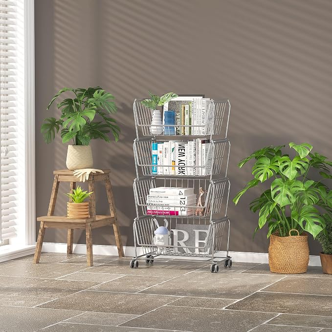 PUSDON 4-Tier Large Stackable Wire Storage Baskets with Wheels, Metal Rolling Utility Cart Organizer, Fruit and Vegetable Produce Basket for Kitchen Pantry, Bathroom Floor Shelf, Silver Grey