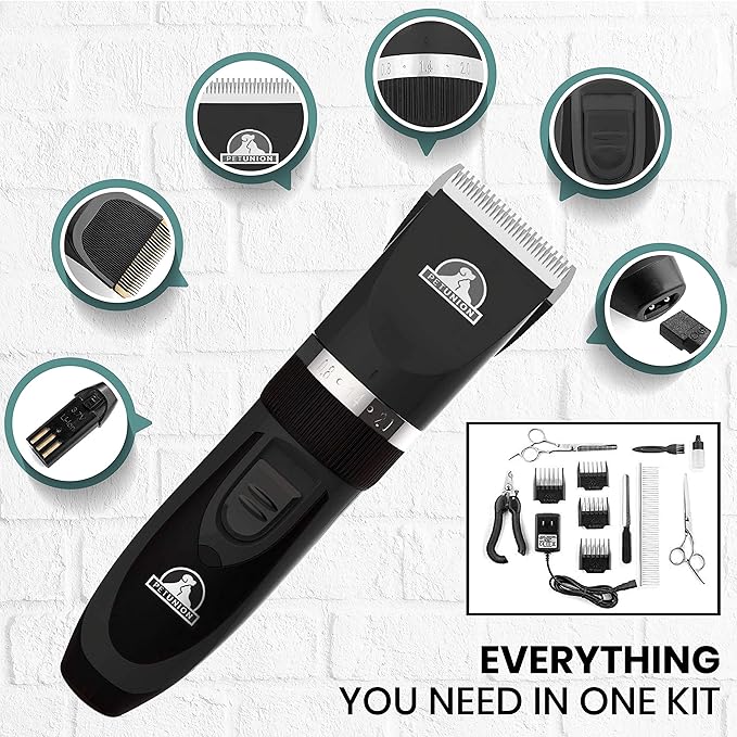 Pet Union Professional Dog Grooming Kit, Rechargeable, Cordless, Low Noise Dog Clippers for Grooming Thick Coats - Clippers, Nail Trimmer, Complete Grooming Set for Dogs, Cats and Other Pets (Chrome)