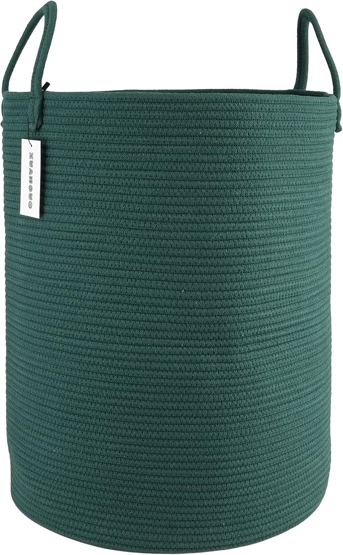 XUANGUO Cotton Rope Laundry Basket Hamper for Clothes Large Dark Green | Baby Nursery Hamper Bin and Woven Storage Basket for Living Room Bedroom Boho Tall Rope Baskets Blankets Toys Pillows Towels