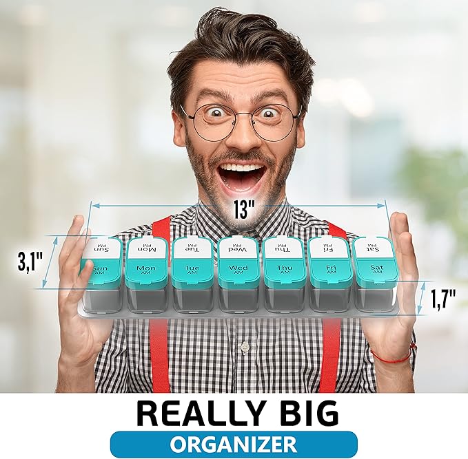 Extra Large Weekly Pill Organizer - XL Vitamin Holder with 7 Detachable AM PM Compartments - Portable Medicine Dispenser for Home and Travel, Big Supplement Container for Weekly or Daily Use, Mint