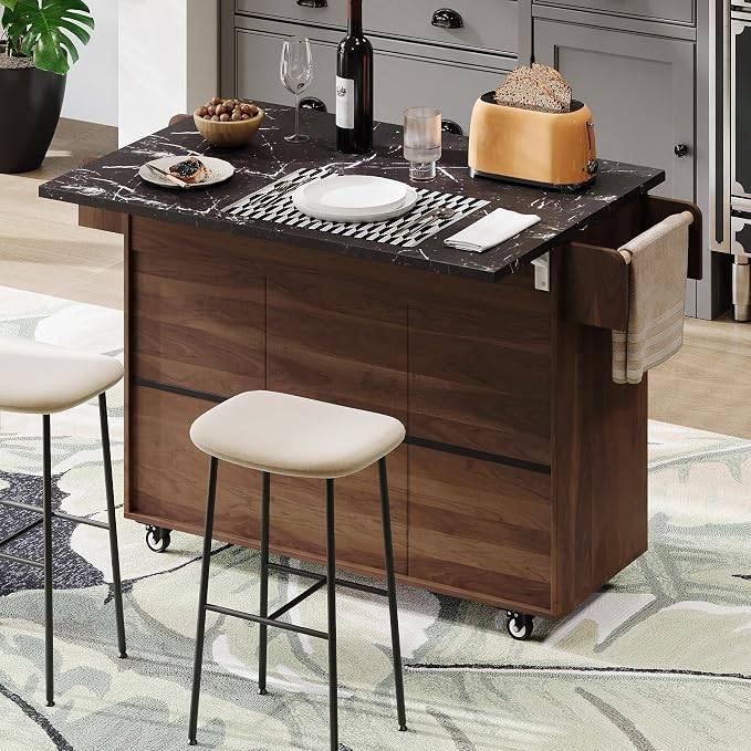 51" Kitchen Island with Trash Can - Rolling Kitchen Island on Wheels with Storage, Farmhouse Movable Kitchen Storage Islands & Carts with Drop Leaf, Marble Texture Wood Top, Walnut Brown