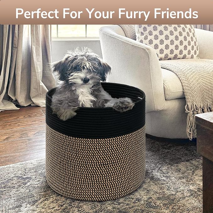 Goodpick Wicker Blanket Basket Living Room, Toy Storage for Playroom, 45L | 15.8 x 15.8 x 13.8 In Storage Basket for Toys Shoes, Cute Baby Laundry Hamper for Towels, Clothes, Black & Mix Jute
