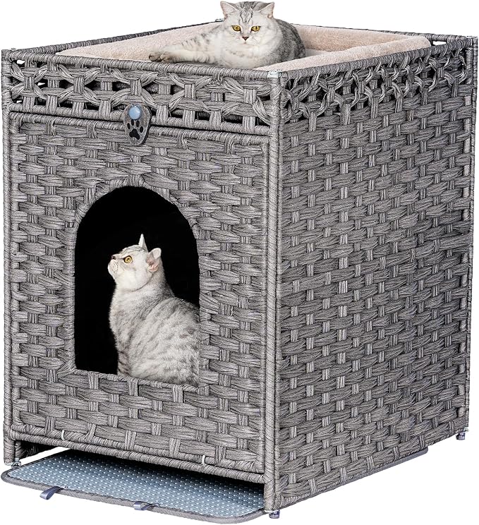 Snughome Cat Litter Box Enclosure Furniture Hidden with Cat Litter Mat, Hidden Cat Washroom Furniture with Door, Handwoven Rattan Cat Washroom Box, Indoor Pet House for Living Room, Bedroom(Grey)