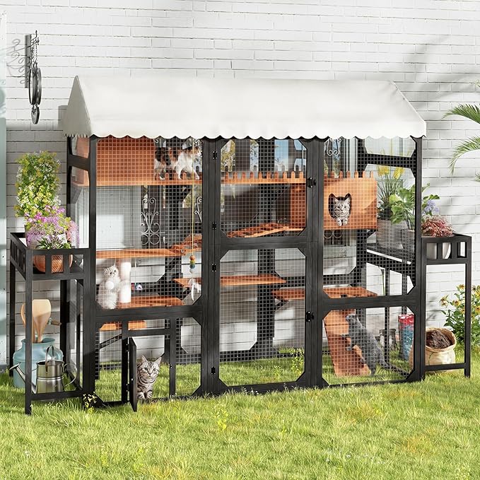 Large Outdoor Cat Enclosure Wooden Catio with Multi-Level Play Platforms, Climbing Ramps, Resting Boxes, Pom-Pom Toys & 2 Plant Stands, Weather-Resistant Roof & Wire Mesh for Backyard Patio, Black
