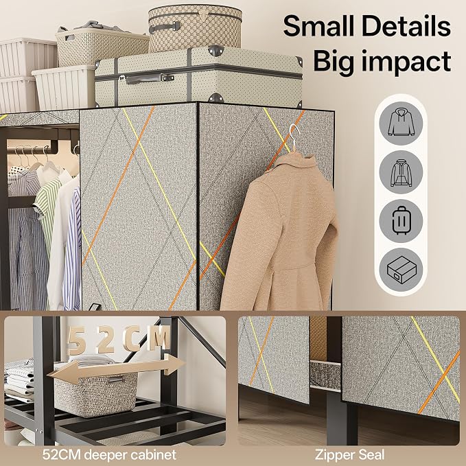 49.2in Heavy Duty Portable Closet with Cover, 1500lbs Foldable Covered Metal Clothing Wardrobe Closet System, Heavy Duty Garment Rack for Hanging Clothes, for Bedroom, Apartment, Rental Property,Gray