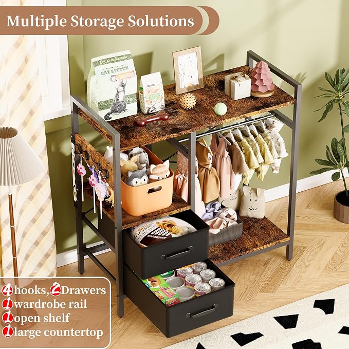 Pet Wardrobe Closet with 2 Drawers & 4 Hooks, Freestanding Pet Clothes Storage Organizer with Hanging Rod, Metal Frame Storage Cabinet for Dogs Cats