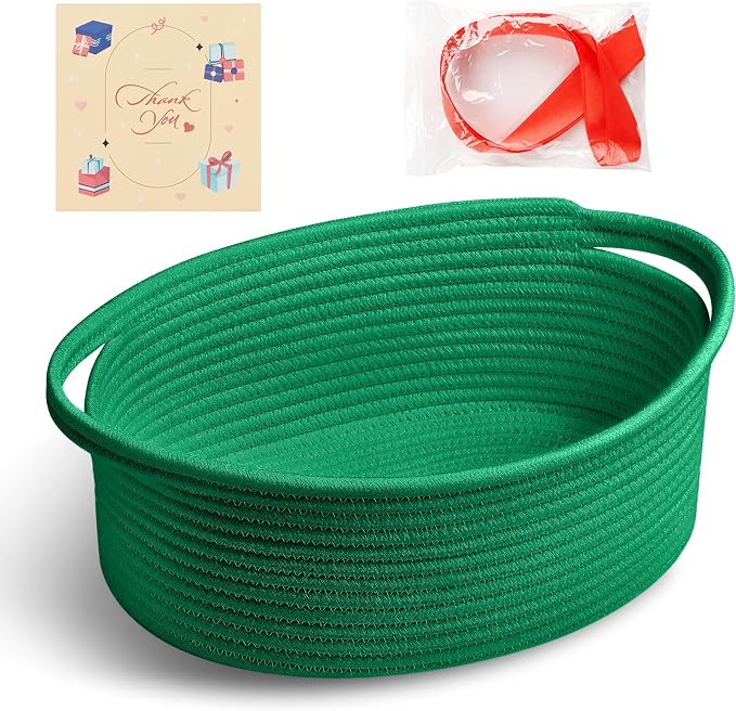 Bufims Small Woven Green Gifts Basket for Storage Empty with Ribbons and Bags Durable Cute Gifts 12"X 8" X 5" Small Rope Basket for Gifting