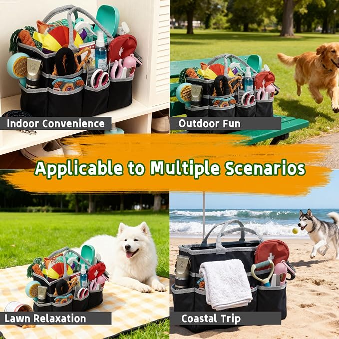 Pet Grooming Bag, Dog Grooming Organizer Tote with 10 Pockets, Dog Storage Organizer with Sturdy Handle for Grooming Supplies, Toys, Treats, Leash (Bag ONLY) (Black)