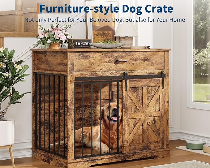 GarveeHome Dog Crate Furniture, 37.8" Large Dog Kennel Indoor, Wooden Kennel Table with Sliding Barn Door and Storage Drawer, Indoor Dog House for Large/Medium/Small Dogs (Brown)