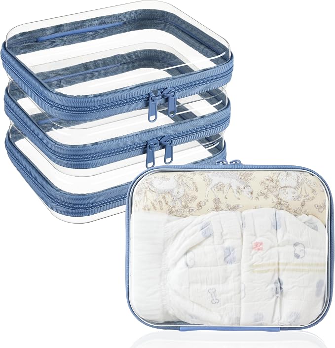 3-PCS Medium Clear Hard Shell Zipper Pouches, Clear Zipper Bags (3M, Blue) | Hard Case Pouches for Purse & Diaper Bag Organizer, Travel Essentials, Clear Storage Bags, and Travel Zipper Container