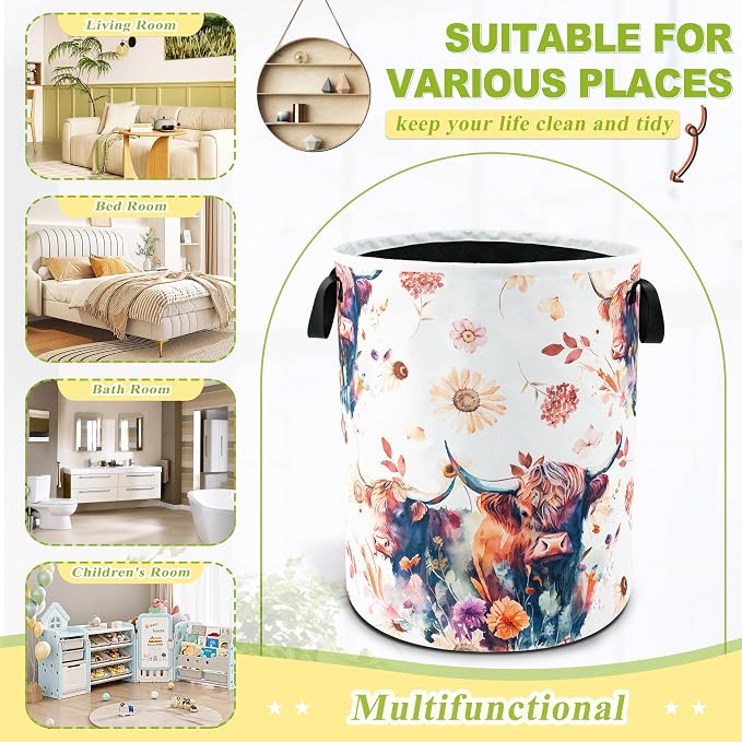 Highland Cow Floral Laundry Basket Foldable Waterproof 18.9 x 16.5 Inch | Oxford Cloth Hamper With Reinforced Handles Lining Large-Capacity Storage For Bathrooms/Laundry Rooms/ Living Rooms/Bedrooms