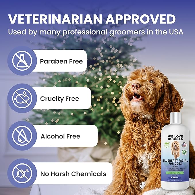 Blueberry Facial Dog Shampoo - Dog Tear Stain Remover, Brightens & Whitens Coat, Cleans & Deodorizes, Tearless, 16:1 Concentrated, 16 oz [We Love Doodles]