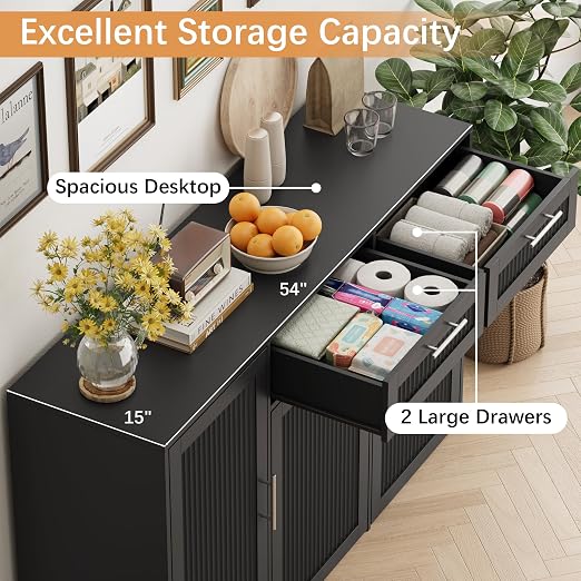 2 X 13 Gallons Double Pull Out Trash Can Cabinet with Storage, Black | 54"W Fluted Kitchen Trash Cabinet with Adjustable Shelf & Drawers, Hidden Pet Proof Trash Can Holder for Laundry Living Room