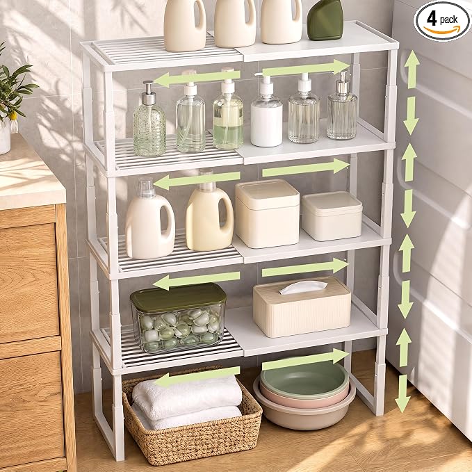 Cabinet Shelves, 4 Pack Stackable Shelves for Pantry Storage | Expandable & Height Adjustable Cabinet Organizer Shelf | Metal Shelf Organizer | White Spice Rack for Pantry Storage