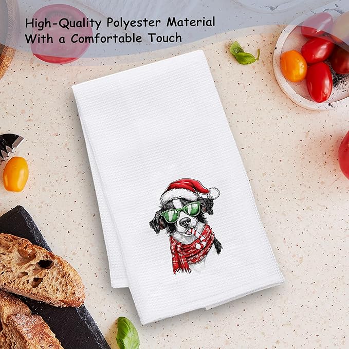 Christmas Border Collie Kitchen Towels, Border Collie Gifts for Women Dish Tea Towels for Kitchen Decor, Retro Xmas Santa Dog Decorative Hand Towel Bathroom Decor, 16x24 Inch