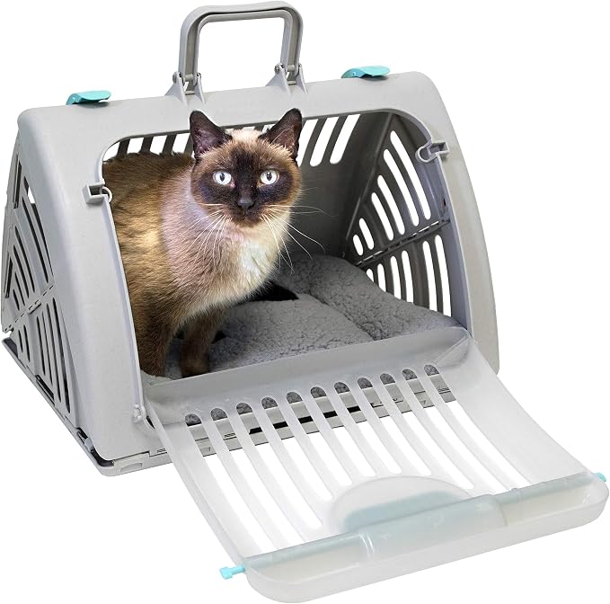 SportPet Large Hard-Sided Travel Cat Carrier - Cat Carrier with Patented Wide Side-Opening Door, Foldable Portable Pet Carrier with Removable Bed for Cats & Small Pets up to 25lbs - Gray