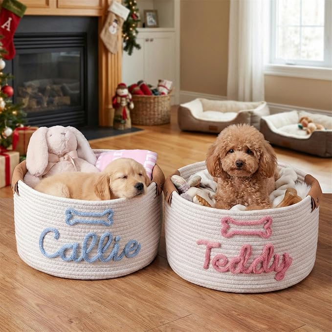 JUPPE Pet Dog Basket with Personalized Name, Dog Toys Storage Organizer Custom Cotton Rope Basket Nursery Decor (Dog Toy Basket)
