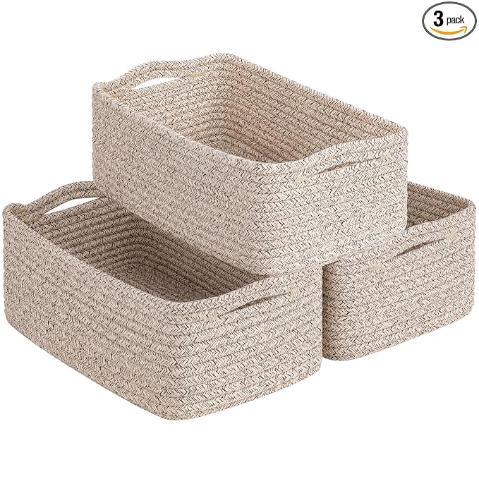Goodpick 3Pack Rope Storage Baskets for Shelves Organizing, 11 x 7 x 4.5 in | Woven Baskets for Closet Fit Bedroom Lving Room, Small Baskets for Gift Empty, Dog Toy Basket for Pets, White & Brown
