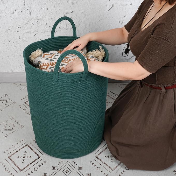 XUANGUO Cotton Rope Laundry Basket Hamper for Clothes Large Dark Green | Baby Nursery Hamper Bin and Woven Storage Basket for Living Room Bedroom Boho Tall Rope Baskets Blankets Toys Pillows Towels