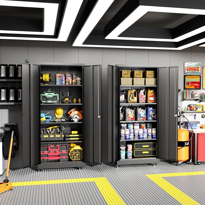 Greenvelly Metal Garage Storage Cabinet with 4 Swivel Wheels, 73" Black Storage Cabinet on Wheels, Rolling Tool Cabinet with Locking Doors and Shelves for Garage, Basement, Home, Warehouse