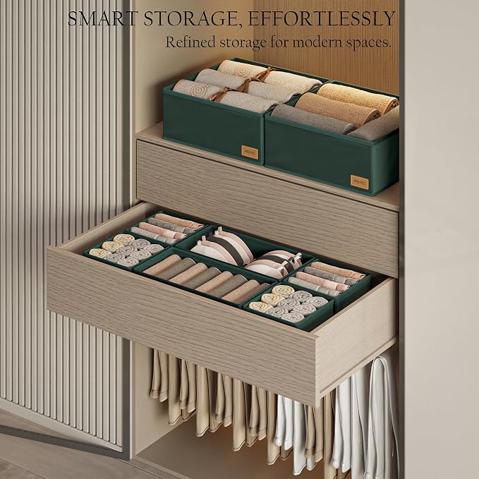 Dresser Drawer Organizer Clothes, 6 Pack Foldable Storage Boxes with Zipper, 600D Fabric, Green, Drawer Dividers for Underwear, Socks, Baby Clothes