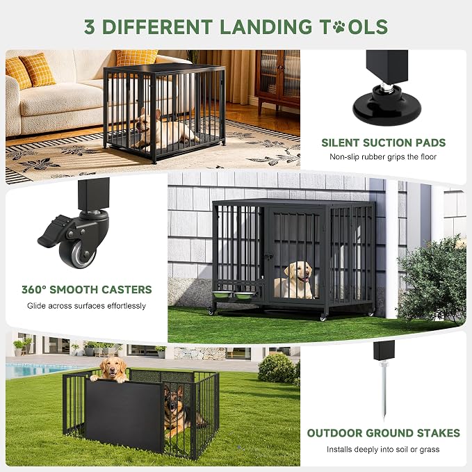 Heavy Duty Dog Crate for Small Dogs, 3 in 1 32.7" Foldable Collapsible Dog Kennel & Playpen with Lockable Wheels & Feeding Bowls, Escape-Proof Metal Dog Cage for Indoor Outdoor Use, Black
