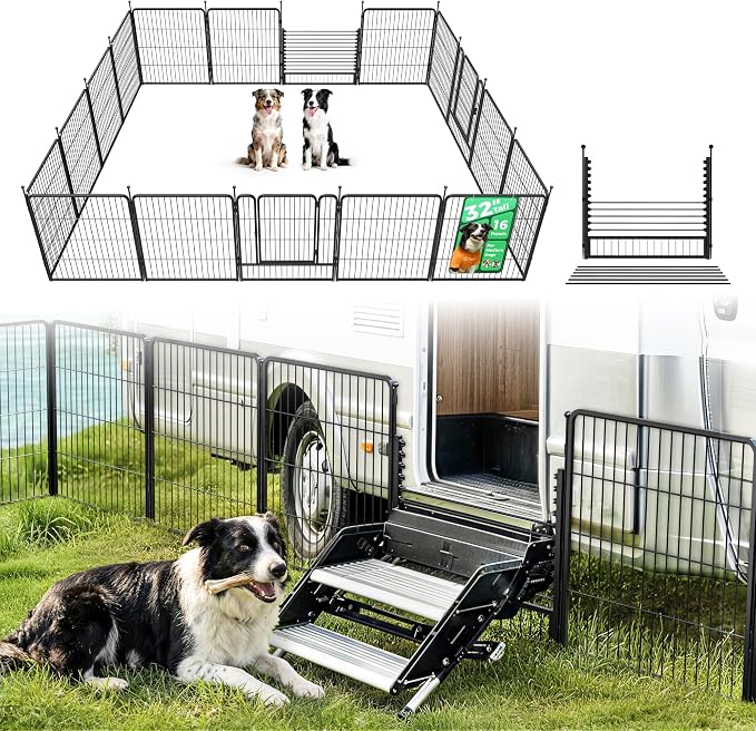 FXW Rollick Dog Playpen with RV Step Grid for RV Camping, 32" H, 16 Panels | Easy Setup & Sturdy, Blocks RV Stair Gaps, Fits RV Steps up to 26"W, For Small & Medium Dogs, Patented