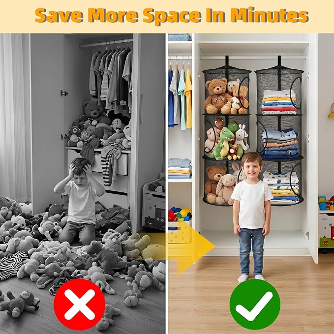 2Pcs Hanging Stuffed Animal Storage Hammock Net 3 Tiers, Black | Hanging Mesh Storage Organizer for Kids Room, Holds Plushies, Gloves, Hats, Socks, Foldable Space-saving Design