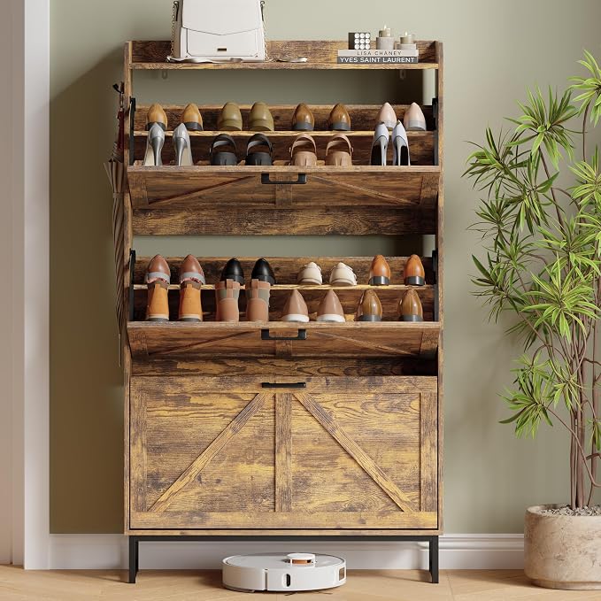 Xixini Shoe Storage Cabinet with 3 Flip Drawers, Entryway Shoe Rack, Brown | Freestanding Narrow Shoe Storage, Hidden Slim Wood Shoe Organizer, Modern Farmhouse, Open Storage & Hooks for Closet, Hallway
