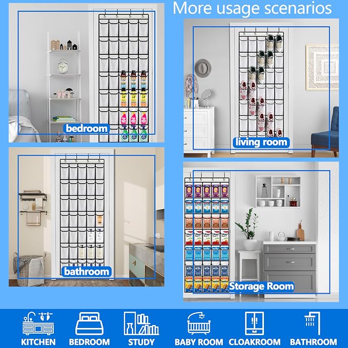 Over the Door Shoe Organizer, 2025 Upgrade 35 Large Pockets for Shoe Storage, Hanging Shoe Holder with Metal Hook, Clear Shoe Rack for Closet Bathroom Door Space Saving - White/Black