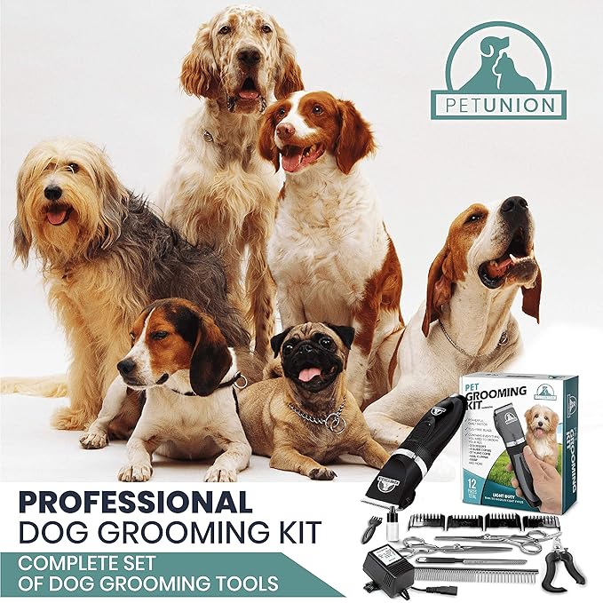 Pet Union Professional Dog Grooming Kit, Rechargeable, Cordless, Low Noise Dog Clippers for Grooming Thick Coats - Clippers, Nail Trimmer, Complete Grooming Set for Dogs, Cats and Other Pets (Chrome)