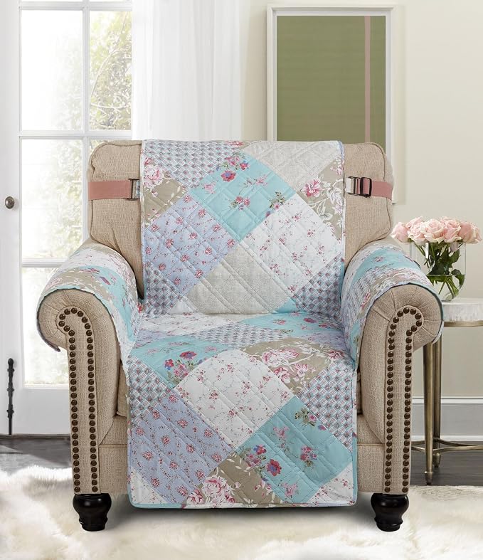 Brilliant Sunshine Blue & Green Roses Couch Armchair Cover, 23" seat | Quilted Sofa Cover, Living Room & Bedroom Furniture Protector, Washable Chair Slipcover for Pets, Dogs & Cats