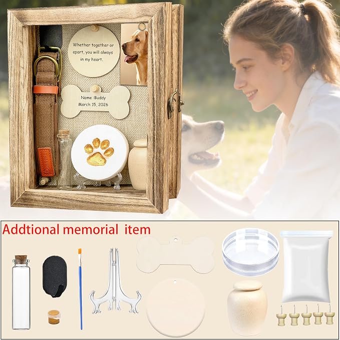 Pet Memorial Shadow Box 8x10 Solid Wood Brown Urn Ashes Display Case with Paw Print Kit Dog Memorial Keepsake Gift for Loss of Pet