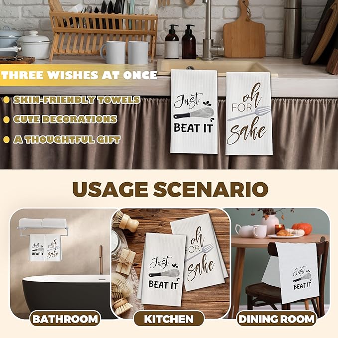 Kitchen Towels Set of 2, Egg Beater Fork Dish Towel for Kitchen, Decorative Hand Towels for Bathroom, Fast Drying Tea Towel with Funny Sayings, Housewarming Xmas Gifts for Women Mom -B19