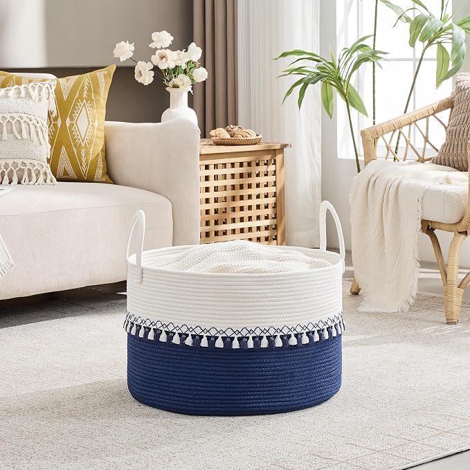 KAKAMAY Large Blanket Basket with Handles, Storage Basket for Living Room | Extra Large Capacity | Natural Cotton Rope | Blanket Storage | Woven Storage Basket | Stuffed Animal Storage | Laundry Basket