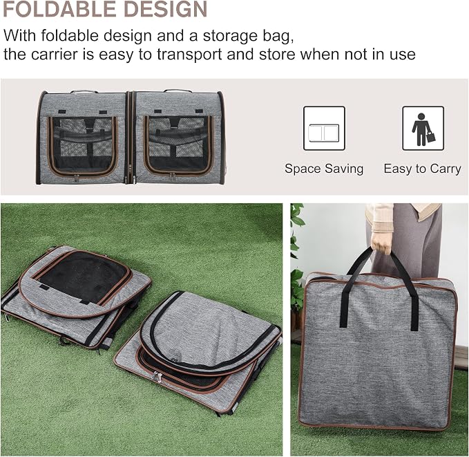 PawHut 39" Portable Soft-Sided Cat Carrier, Two Compartments, Light Gray | Cat Kennel, Travel Dog Crate with Divider, Soft Cushions & Storage Bag, Easy to Fold