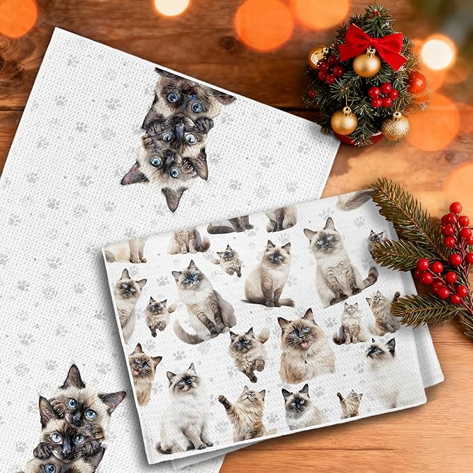 Ragdoll Cat Kitchen Towels, Ragdoll Cat Lovers Gifts Dish Tea Towels, Cute Kitty Kitten Paws Decorative Hand Towel for Bathroom, 16x24 Inch Set of 2