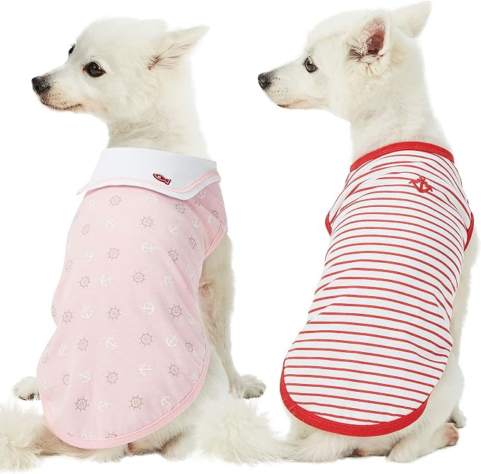 Blueberry Pet Soft & Comfy Summer Vacation Beach Cotton Dog T-Shirts, 2 Pack, Sea Lover Girl Power Shirts Tank Top Clothes, Back Length 12", for Small Medium Dogs