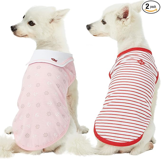 Blueberry Pet Soft & Comfy Summer Vacation Beach Cotton Dog T-Shirts, 2 Pack, Sea Lover Girl Power Shirts Tank Top Clothes, Back Length 16", for Medium Large Dogs