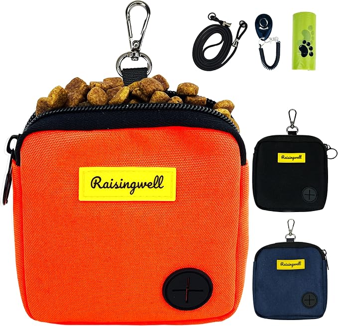 Raisingwell Dog Treat Pouch for Pet Walking and Training with Clicker Poop Bags Small Fanny Zipper Pack Holder for Puppy Snack Dispenser Kit for Leash and Outdoor Use (Orange)