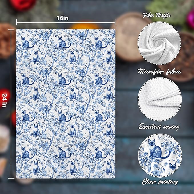 Chinoiserie Floral Siamese Kitchen Towels,Blue and White Cat Decor Kitchen Dish Tea Towels Bathroom Gifts for cat Lovers Women Men,Siamese cat Gifts,16x24 Inch