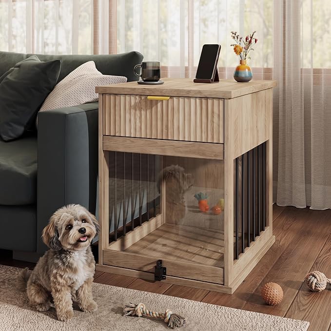 Dog Crate End Table w/Charging Station, Glass Door, Storage Drawer | Smart 3-in-1 design with built-in power hub.hideaway tempered glass door & deep drawer.Sturdy MDF build for small dogs.