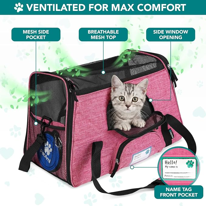 PetAmi Airline Approved Pet Carrier for Cats Small Dogs, Large Heather Pink | Soft Sided TSA Travel Bag, Sherpa Bed, Breathable Mesh Ventilation, Collapsible Bowl, Fits Under Seat, Up to 18 lbs