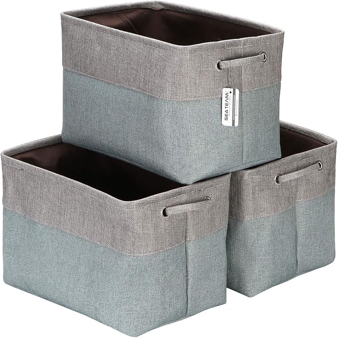 Sea Team Large Rectangle Canvas Open-Top Storage Baskets, 3-Pack | Collapsible Fabric Storage Bins with Handles, Closet Shelf Organizers, 15 x 10 x 10 Inches, Stone Blue & Gray