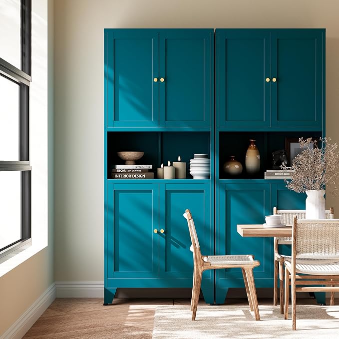 69"H Blue Storage Cabinets,Metal Cabinet with Doors and Shelves,Tall ,Bathroom Storage Cabinet,Large Cabinets with Glass Doors and Adjustable Shelves,Cabinet for Bathroom, Living Room, Dining Room