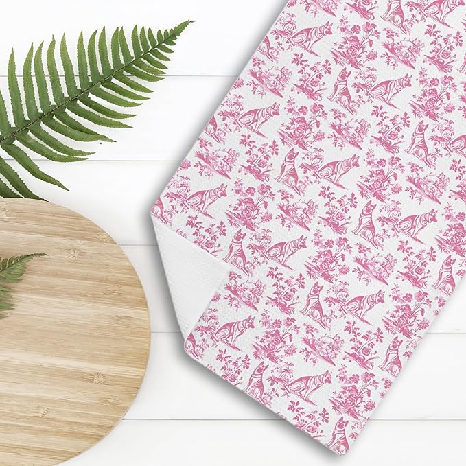 Pink Chinoiserie German Shepherd Kitchen Towels, Pink Floral Botanical Grandmillennial Dog Decor Dish Tea Towels, German Shepherd Gifts Hand Towels for Kitchen Bathroom, 16x24 Inch