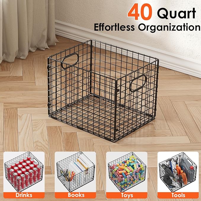 3-Pack Metal Milk Crate for Storage, Large 40qt Stackable Collapsible Storage Bins with Handle, Heavy Duty Storage Baskets for Shelves, Folding Basket Organizer for Car, Garage, Home, Camping, Office