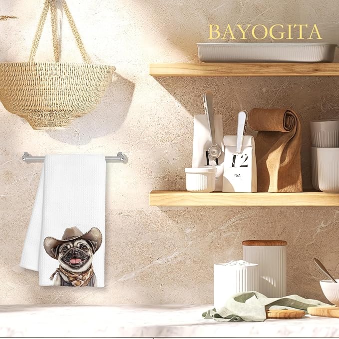 Western Cowboy Pug Dog Gifts Kitchen Towels Decorative - Gifts for Pug Lovers Dish Tea Towels for Kitchen Drying, Dog Mom Dad Gifts Hand Towels for Bathroom Decor, 16x24 Inch